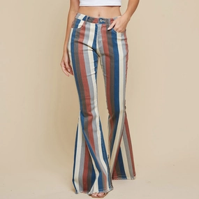 Heavy Duty Zipper Mechanism Blue Multi Striped Flare Jeans