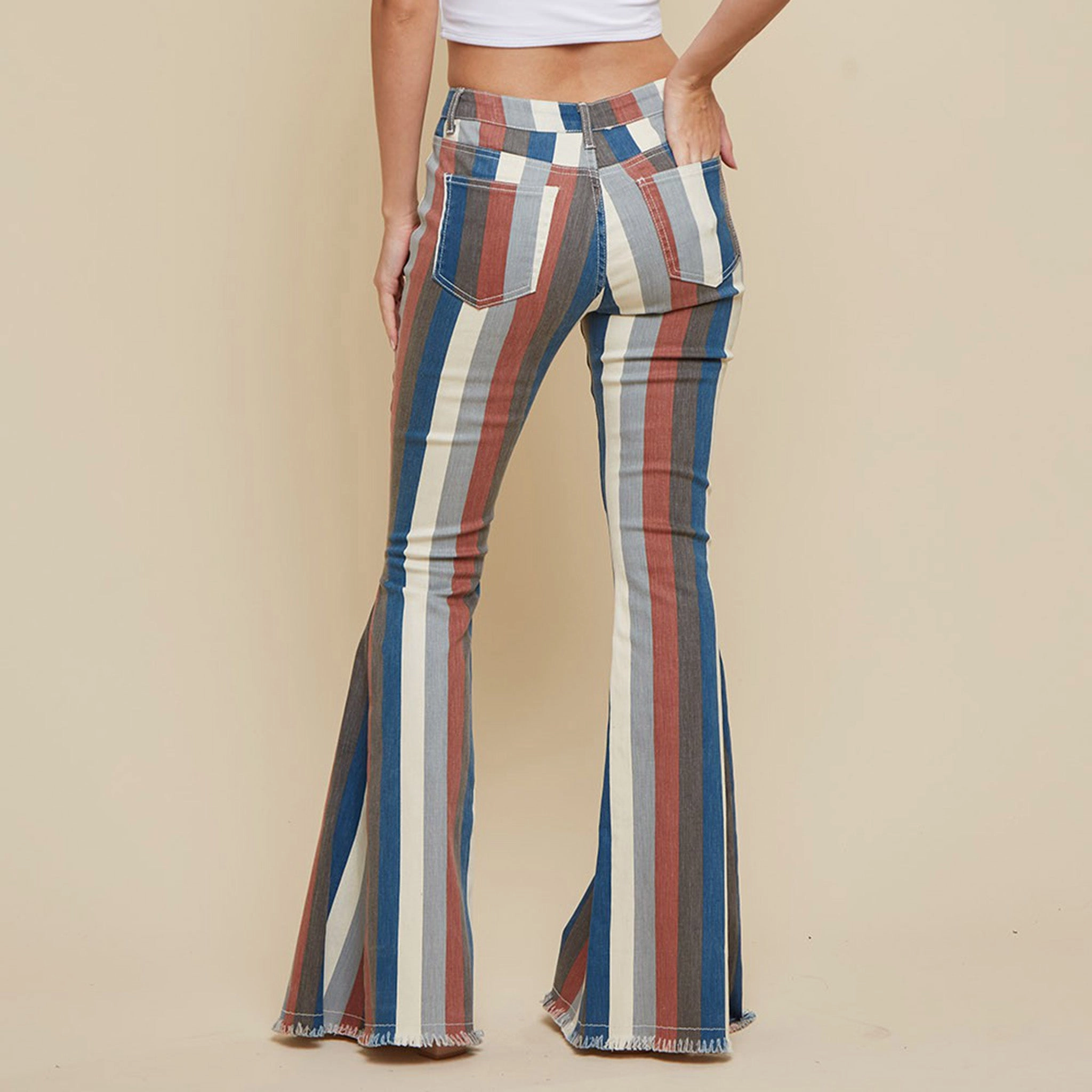 Neutral Outfit Contemporary Wear Blue Multi Striped Flare Jeans