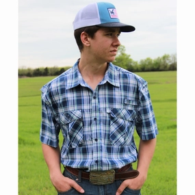 Casual Fit Blue Plaid Short Sleeve Fishing Shirt
