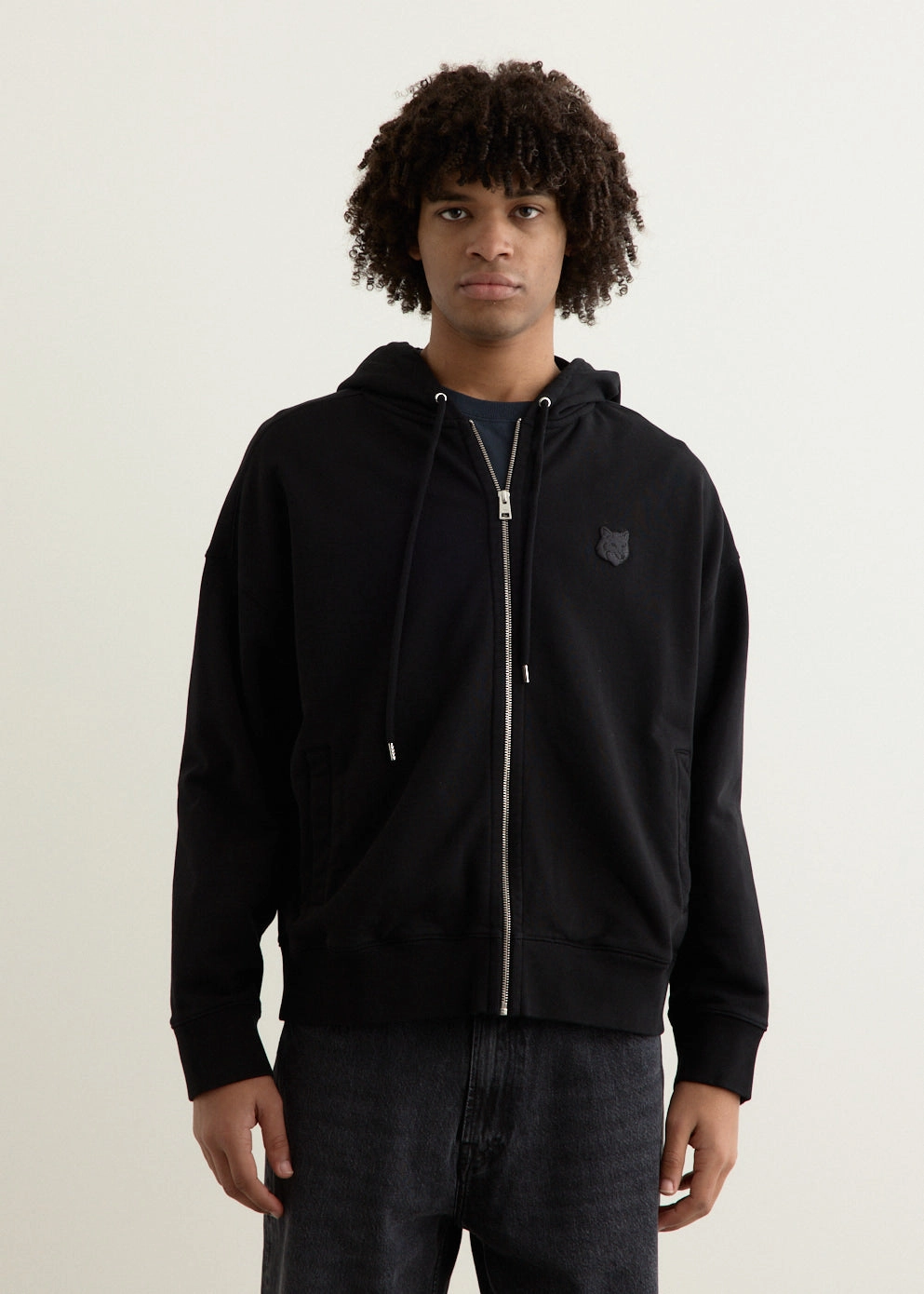 Timeless Knit Chilly Wear Bold Fox Head Patch Full Zip Oversized Hoodie