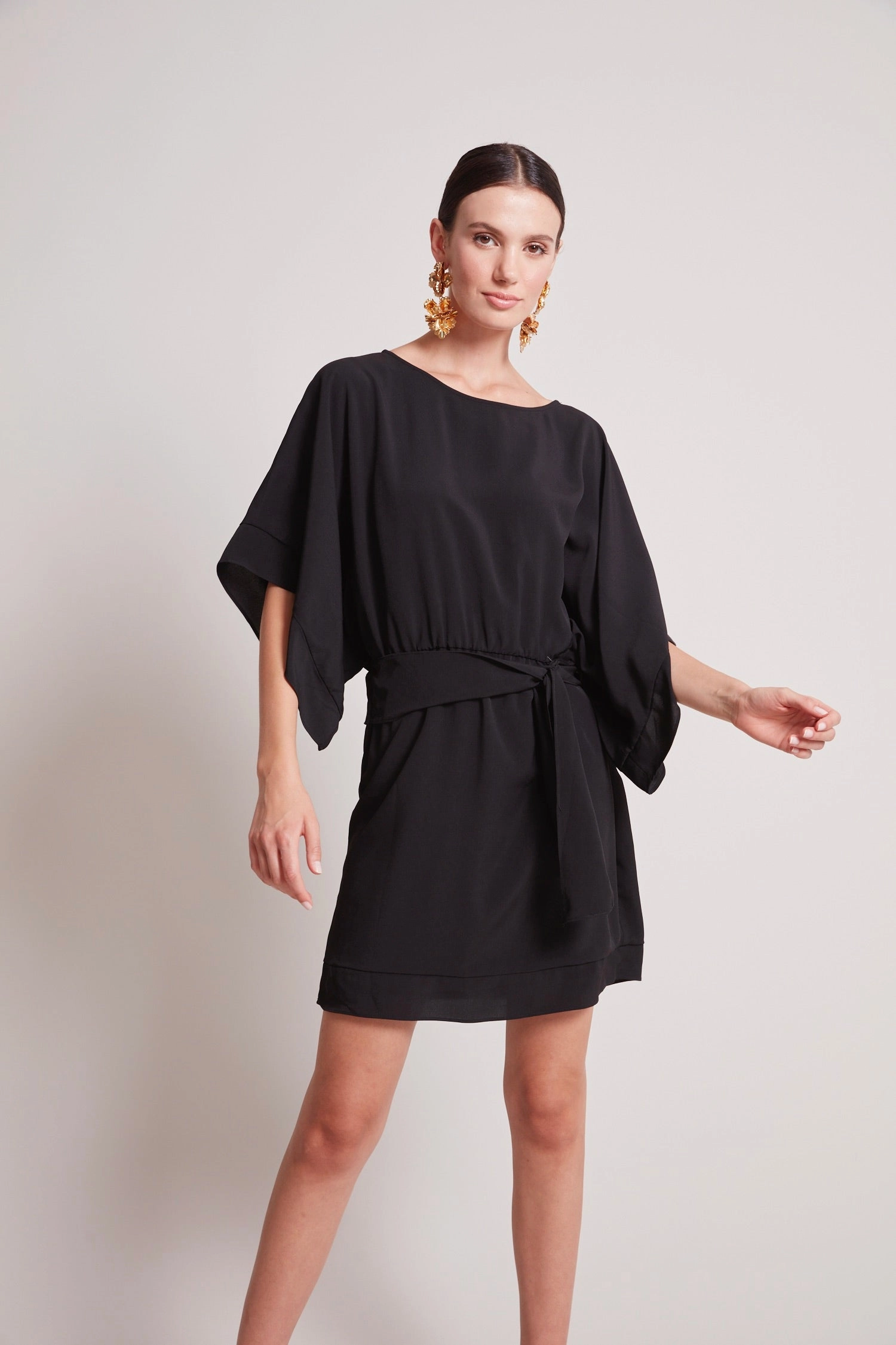 Satin Soft Teagan Kimono Sleeve Inspired Dress - Black