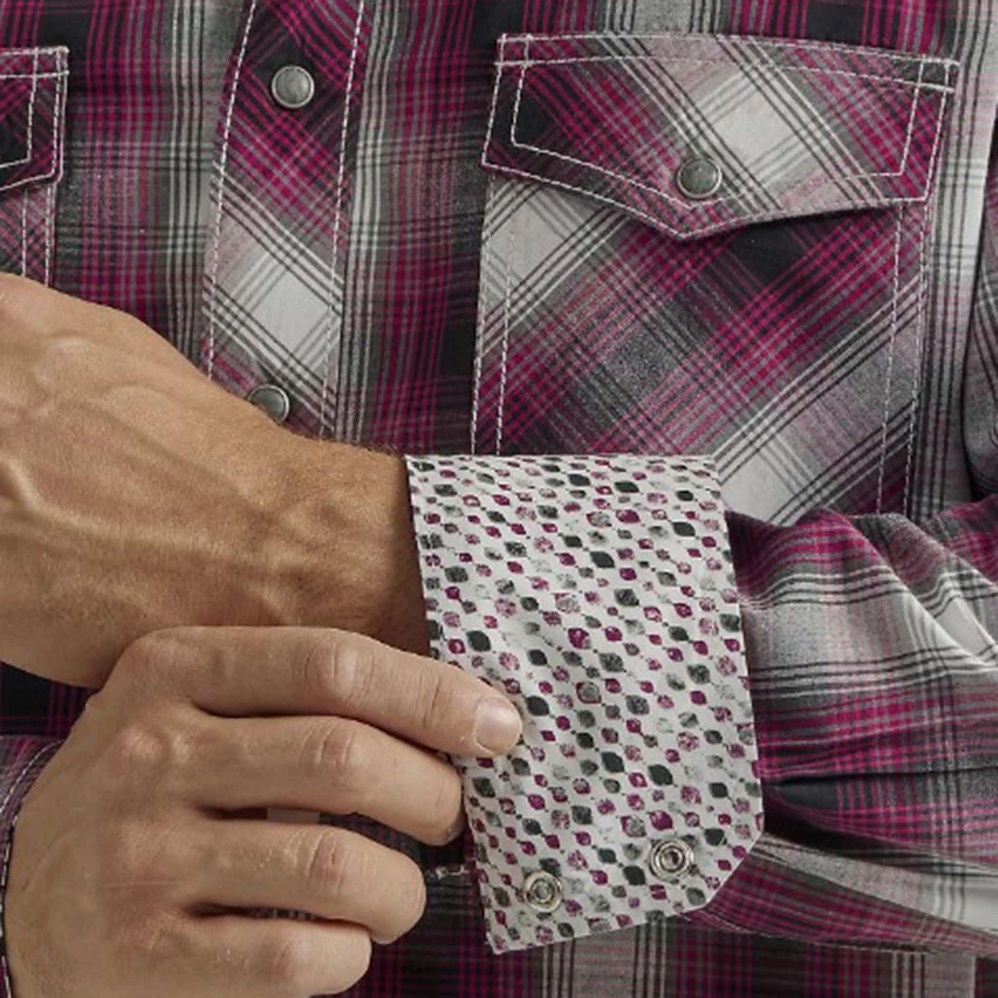 Unisex wear Trendy Layer Wrangler Men's Raspberry & Black & Grey Plaid Shirt