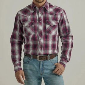 Youthful Vibe Wrangler Men's Raspberry & Black & Grey Plaid Shirt