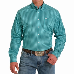 Classic Collar Cinch Men's Turquoise Print Long Sleeve