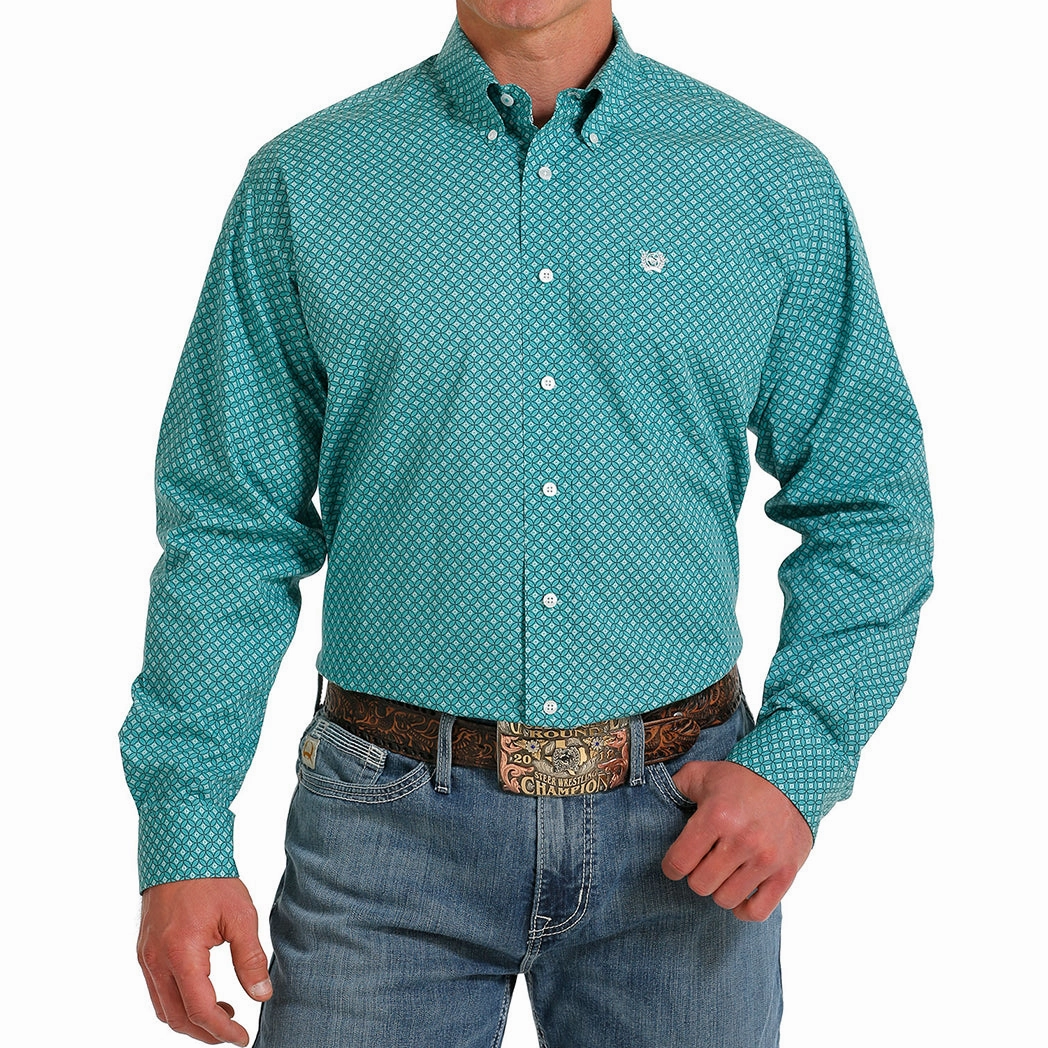 Classic Collar Cinch Men's Turquoise Print Long Sleeve