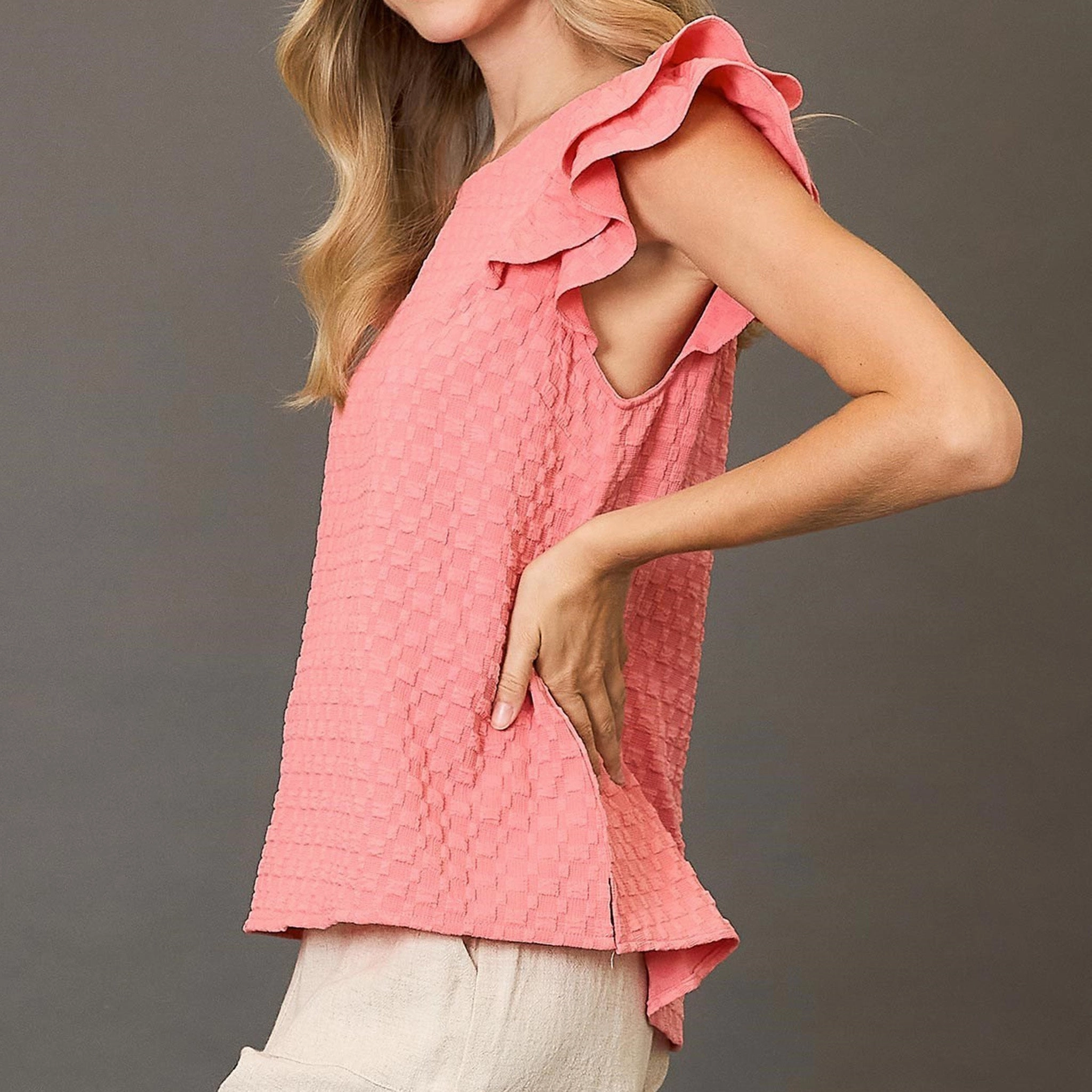 Warm Layer Solid Pink Waffle Textured Short Ruffled Sleeve Shirt