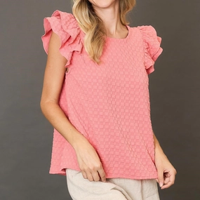 Solid Pink Waffle Textured Short Ruffled Sleeve Shirt Reflective Trim
