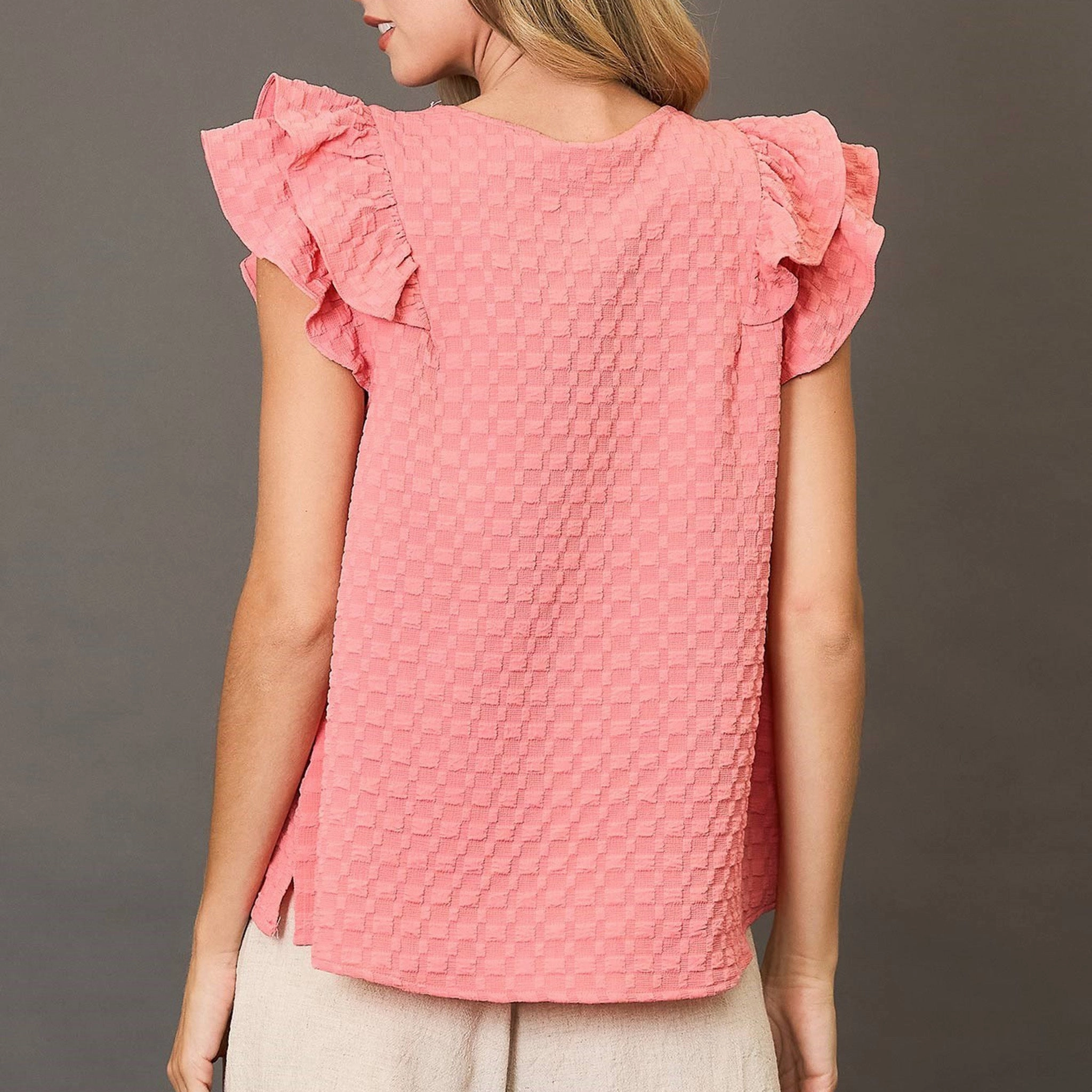TemperatureRegulatingLining Solid Pink Waffle Textured Short Ruffled Sleeve Shirt