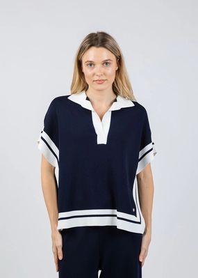 Boxy Collared Sweater With Stripe Detail - Midnight Blue/Vanilla Chilly Season Wear