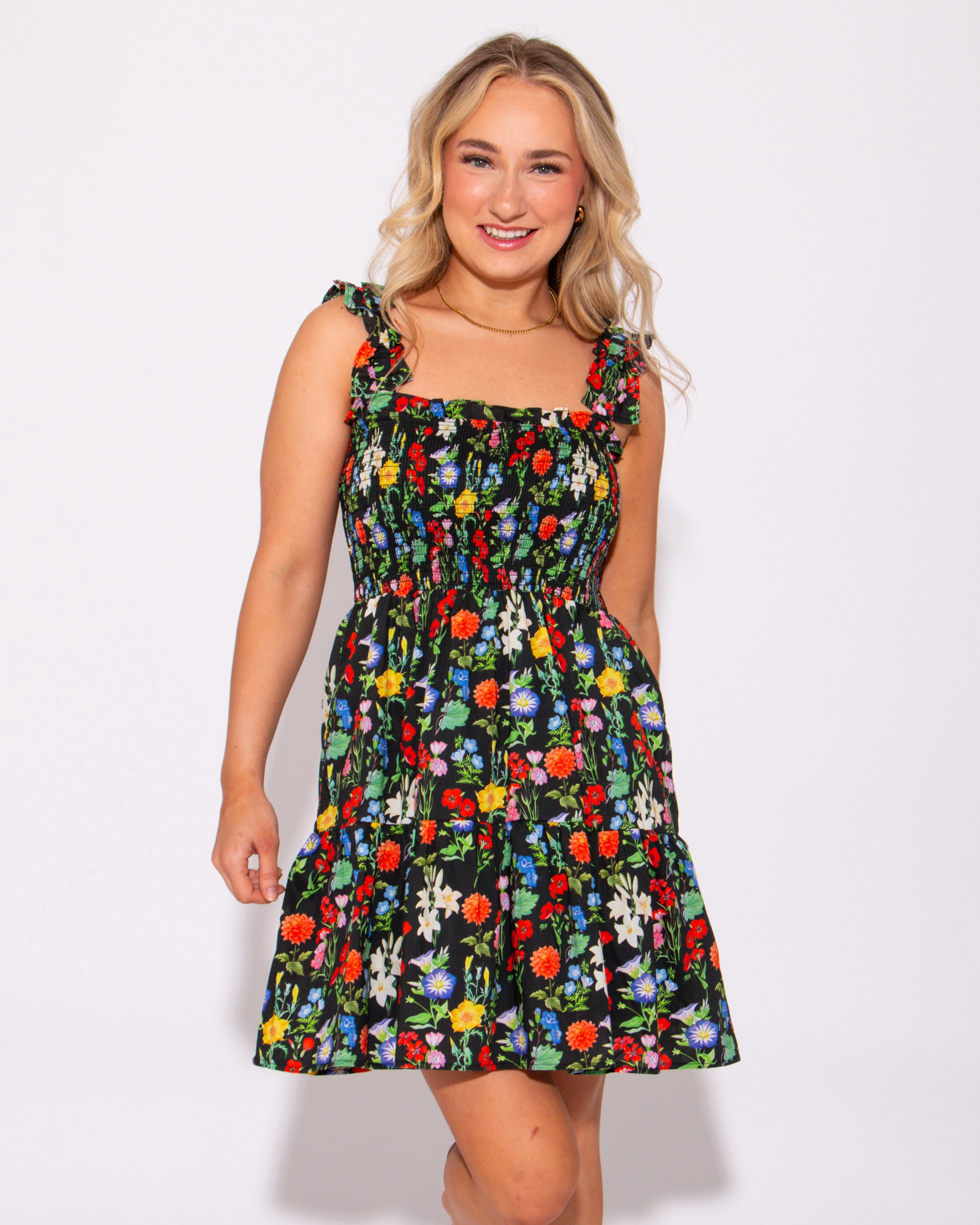 Invisible-Zip Garden Bliss Mini Ruffled Dress