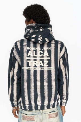 Cold-Weather Layer Cozy Wardrobe PRISONER BLACK/WHITE PULLOVER HOODIE  WITH RJ ALCATRAZ PRINT DESCRIPTION