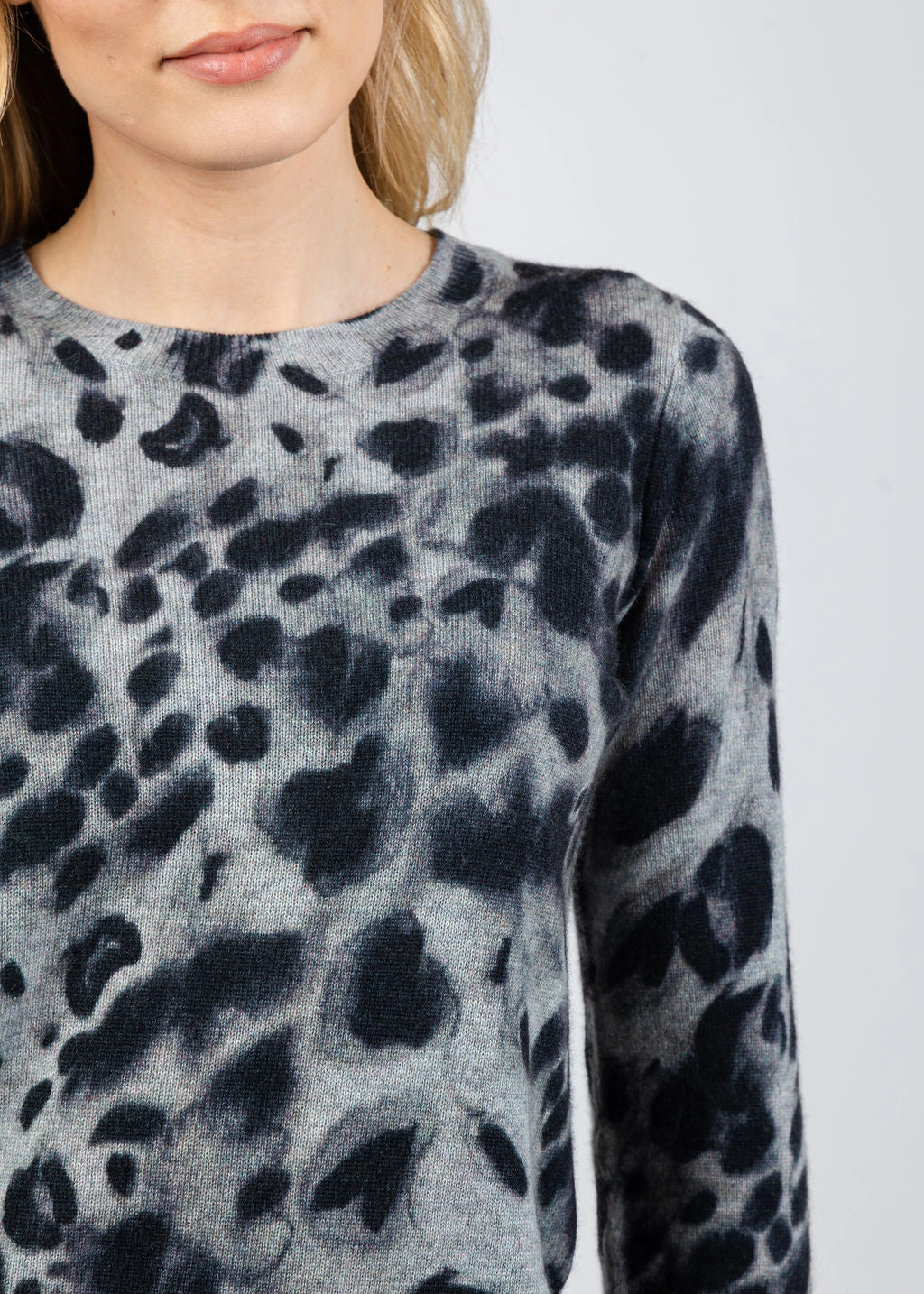 Watercolor Print Cheetah Crew Sweater - Grey Combo Durable Reinforced Elbows Fray Resistant Edges