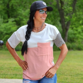 Ivory & Blush Color Block Tee OdorResistantFinish Long Sleeve Polo