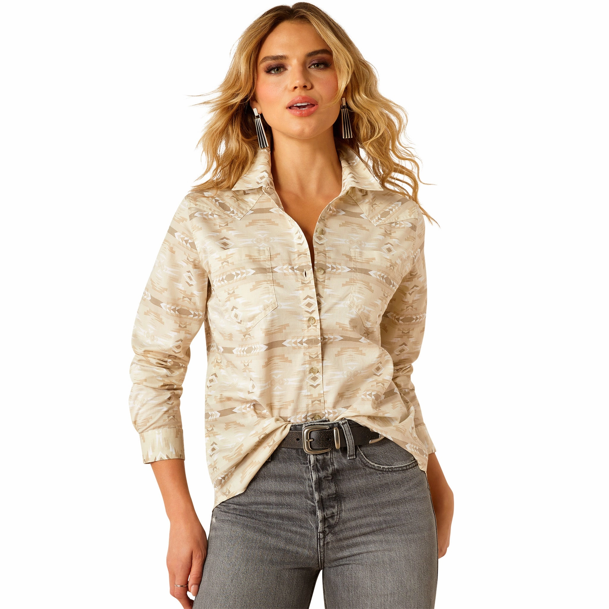 FlexibleWaistband Double Stitched Hems Ariat Billie Jean Shirt Sandstone Southwest Print