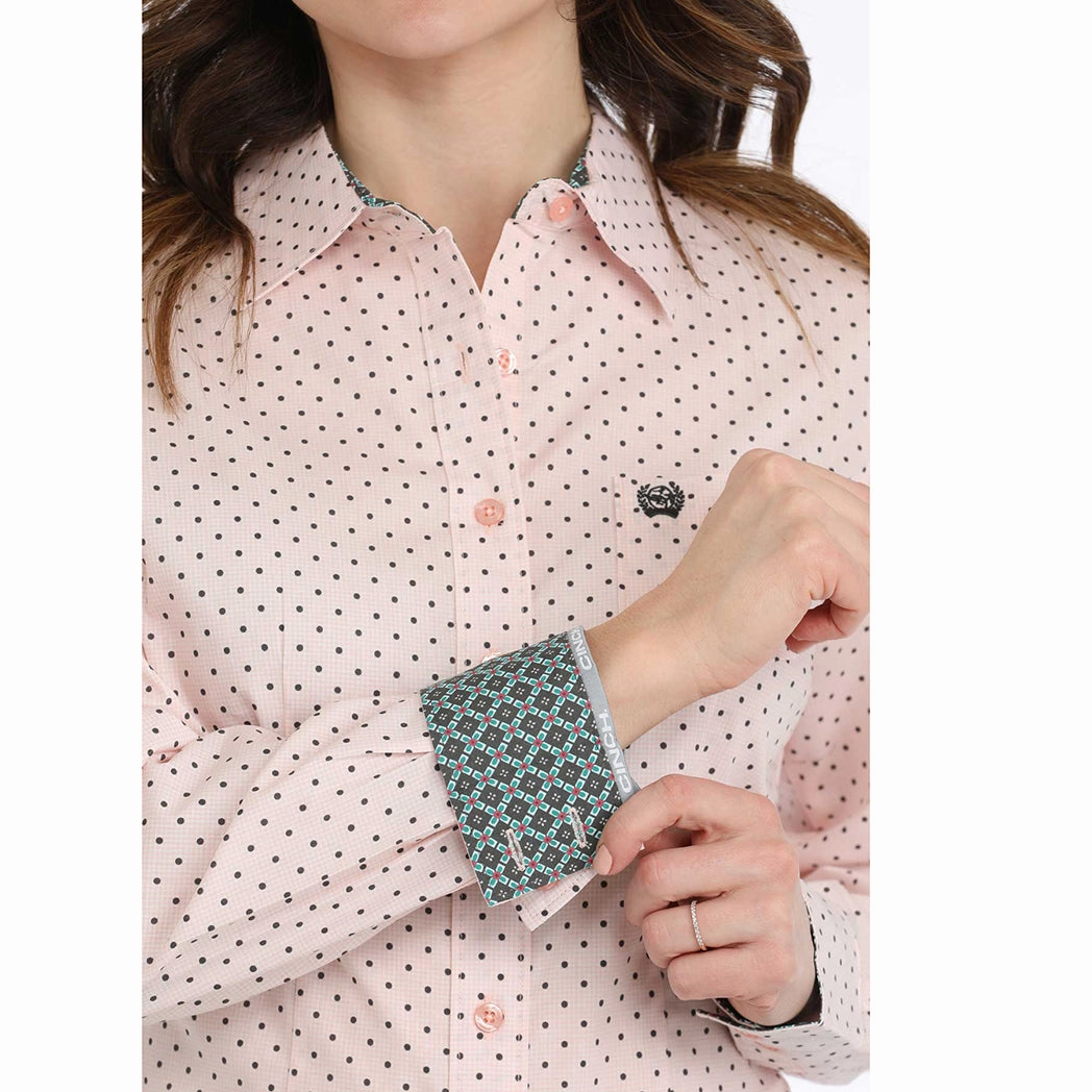 BreathableFabric ElasticTrimming Cinch Pink Polka Dot Long Sleeve Button Up