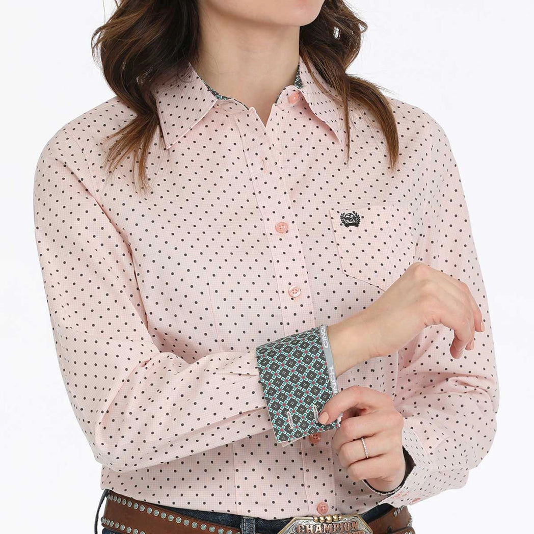 PuckerFree Surface Breathable Hoodie Cinch Pink Polka Dot Long Sleeve Button Up