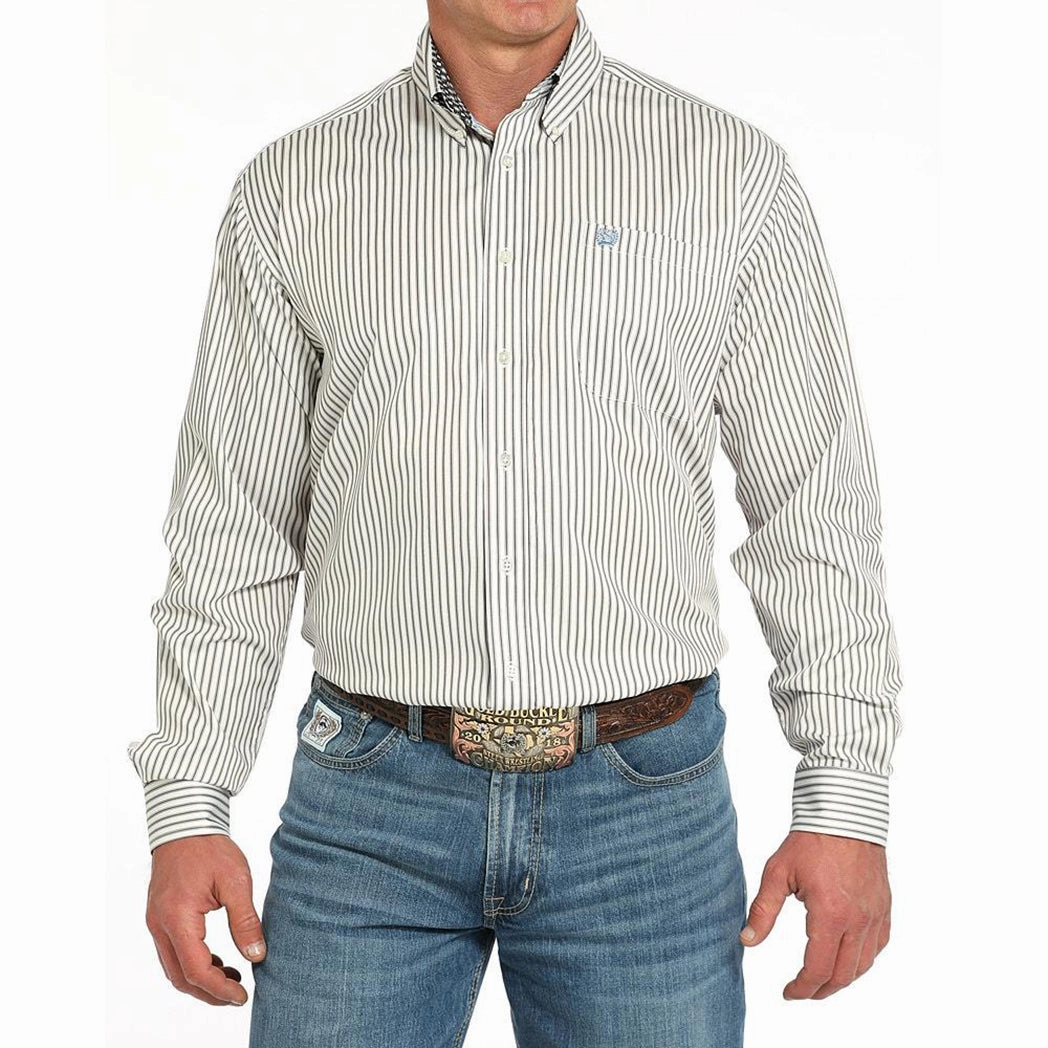 Cinch Mens Cream Striped Long Sleeve Button Down Moisture Wicking Layer