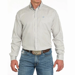 Cinch Mens Cream Striped Long Sleeve Button Down Moisture Wicking Layer