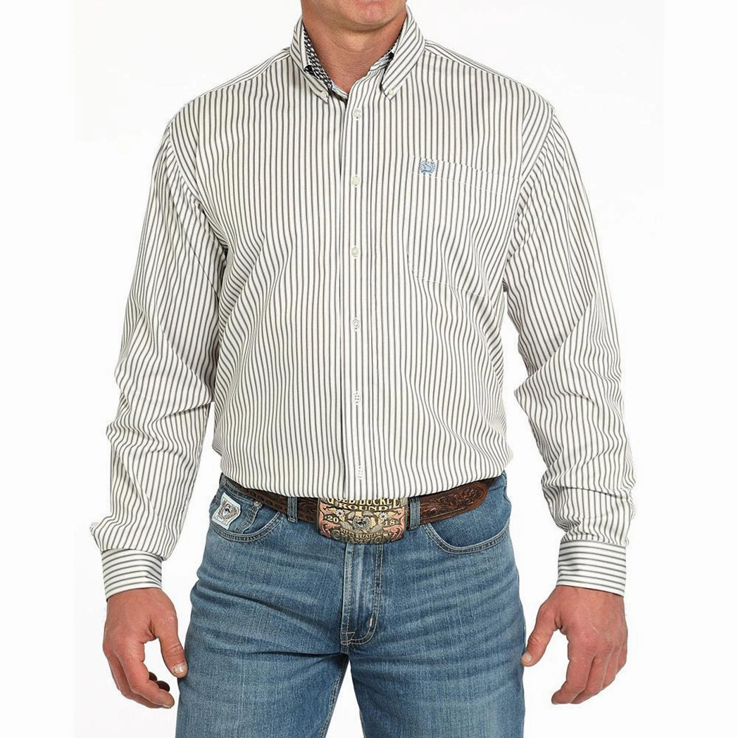 Affordable Luxury Cinch Mens Cream Striped Long Sleeve Button Down