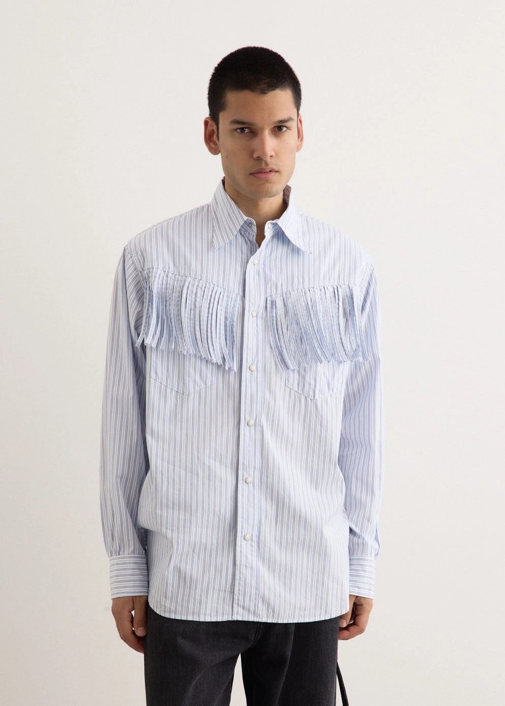 Unstructured Shoulder Cotton Stripe Fringe Husky Western Shirt