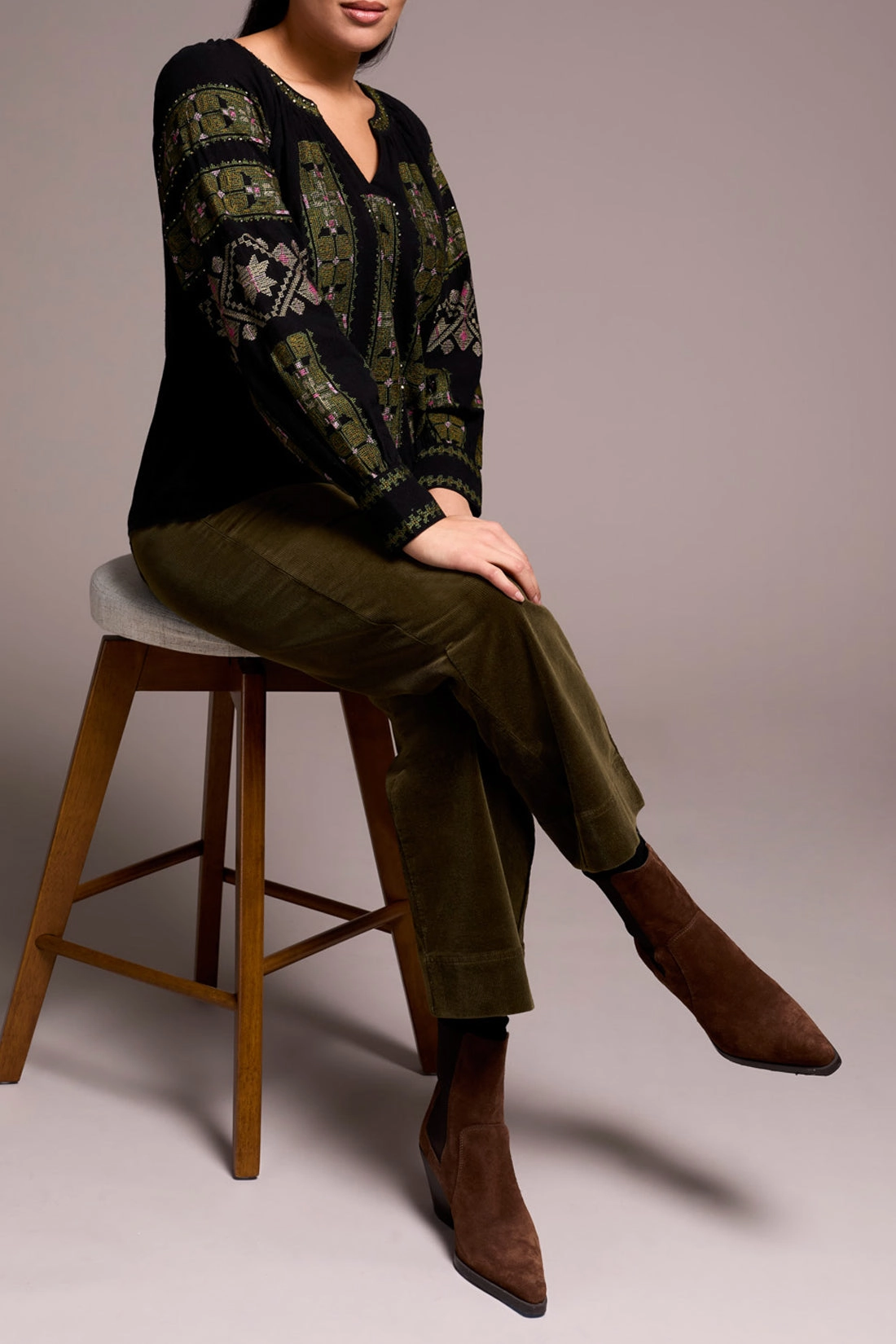 Zero Waste Cut Pattern Tribal Moody Embroidered Blouse