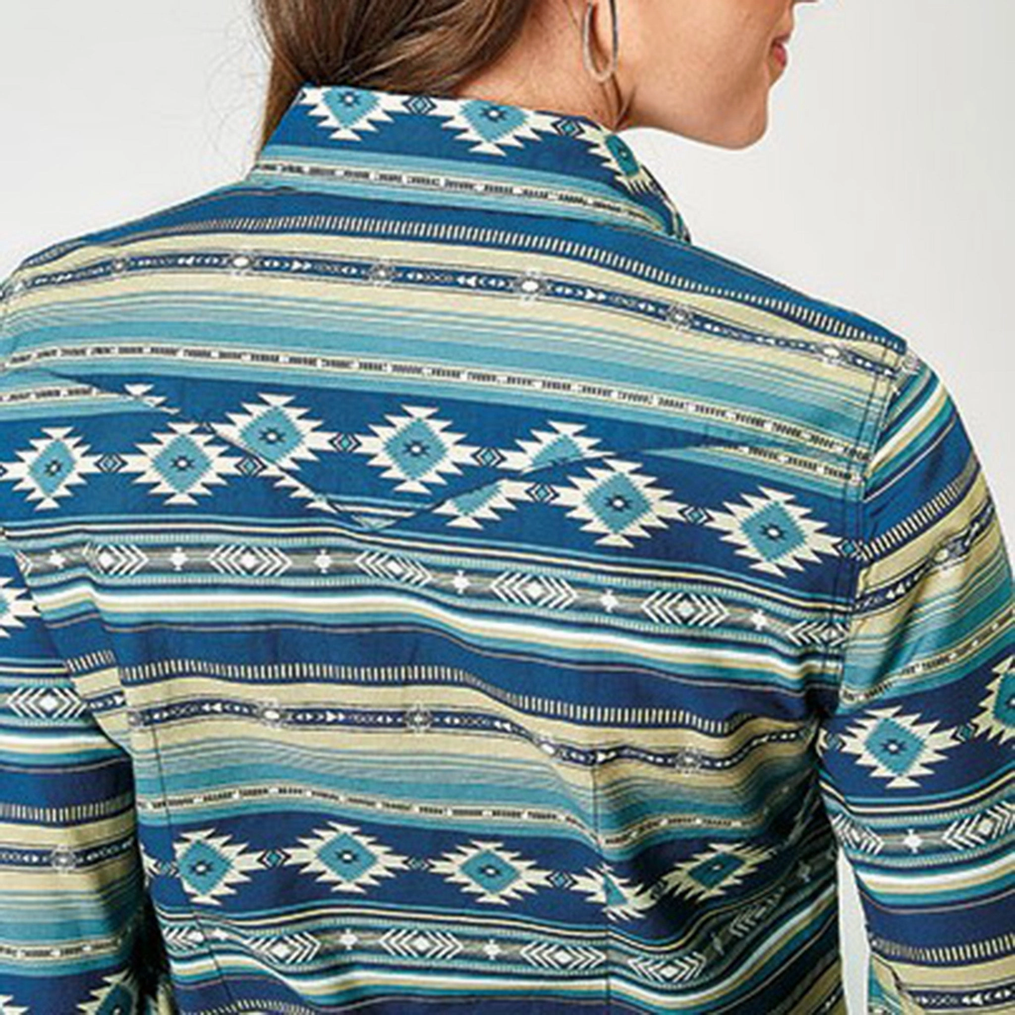Roper Women's Blue Southwest Aztec Long Sleeve Sport Top ContrastTipping