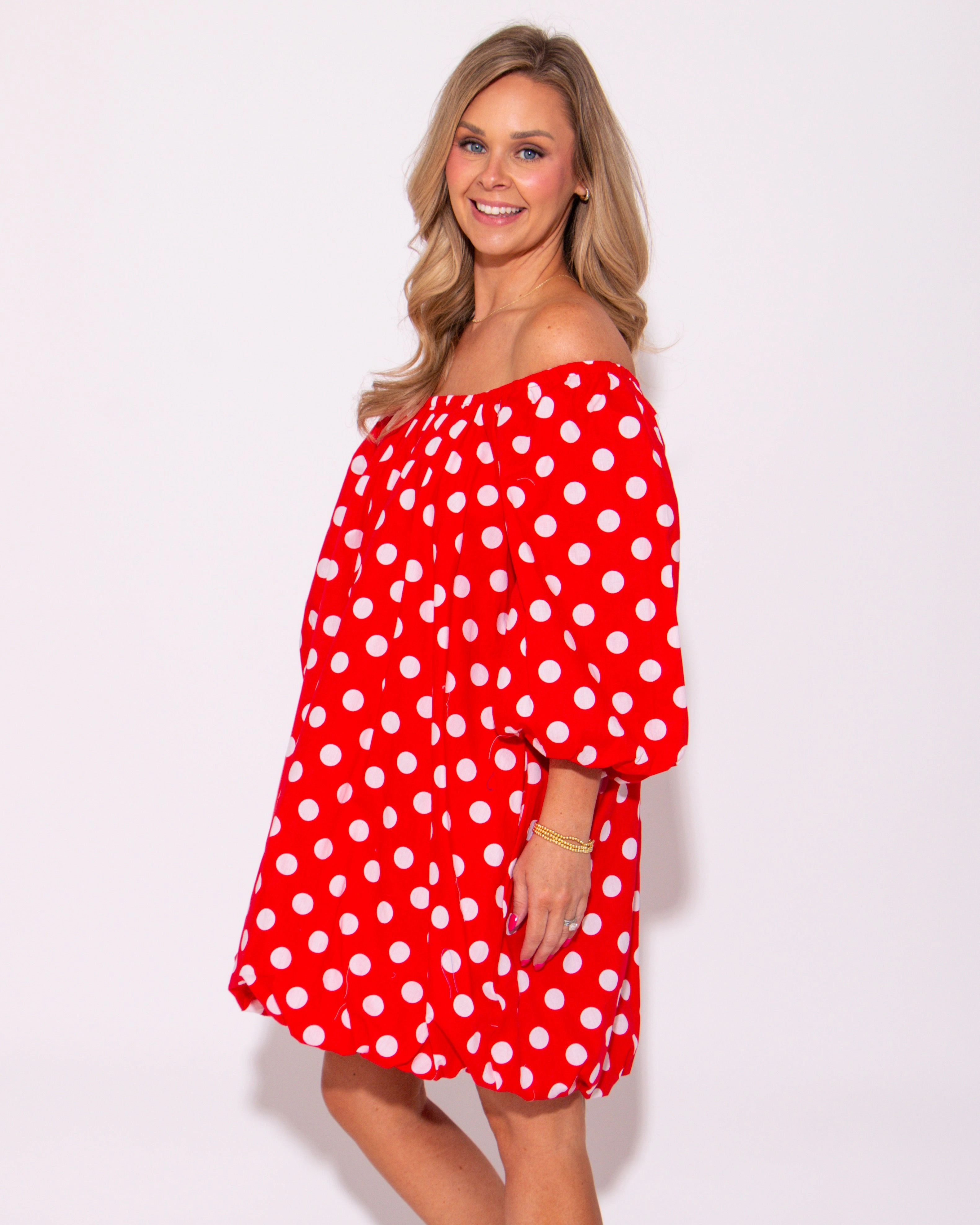 Bubble Dot Beauty Red Polka Dot Dress Textured Layers Lace-Trim