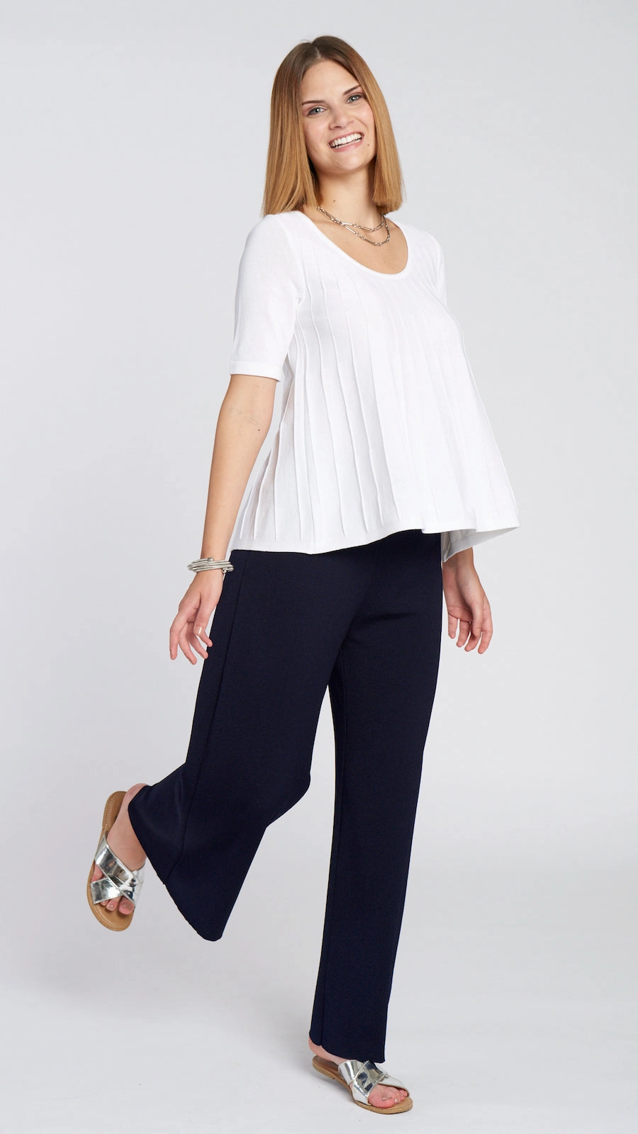 Casual Wearable Street Inspired Briana Wide Leg Milano-Knit Pants - Dark Navy