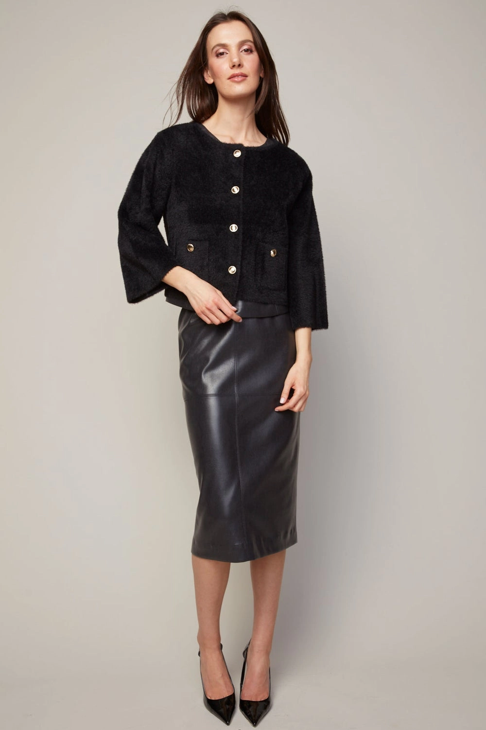 Stylish Knit Comfortable Style Bronte Buttoned Front Cardigan With Patch Pockets - Black