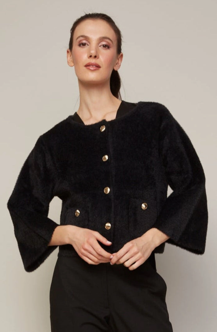 Bronte Buttoned Front Cardigan With Patch Pockets - Black Outdoor Flex