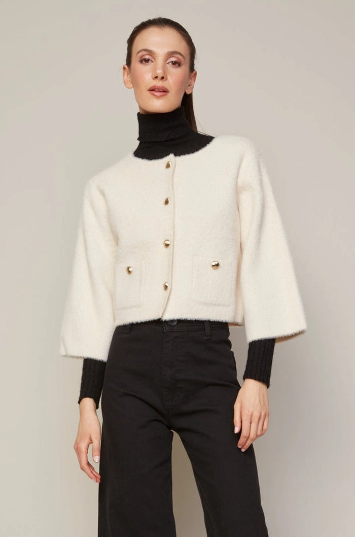 Bronte Buttoned Front Cardigan With Patch Pockets - Cream Sporty Style