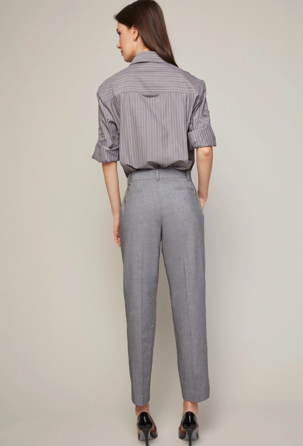 Polyester fabric Embroidered Detail Bruce Slim Leg Ankle Pant With Slit - Light Charcoal