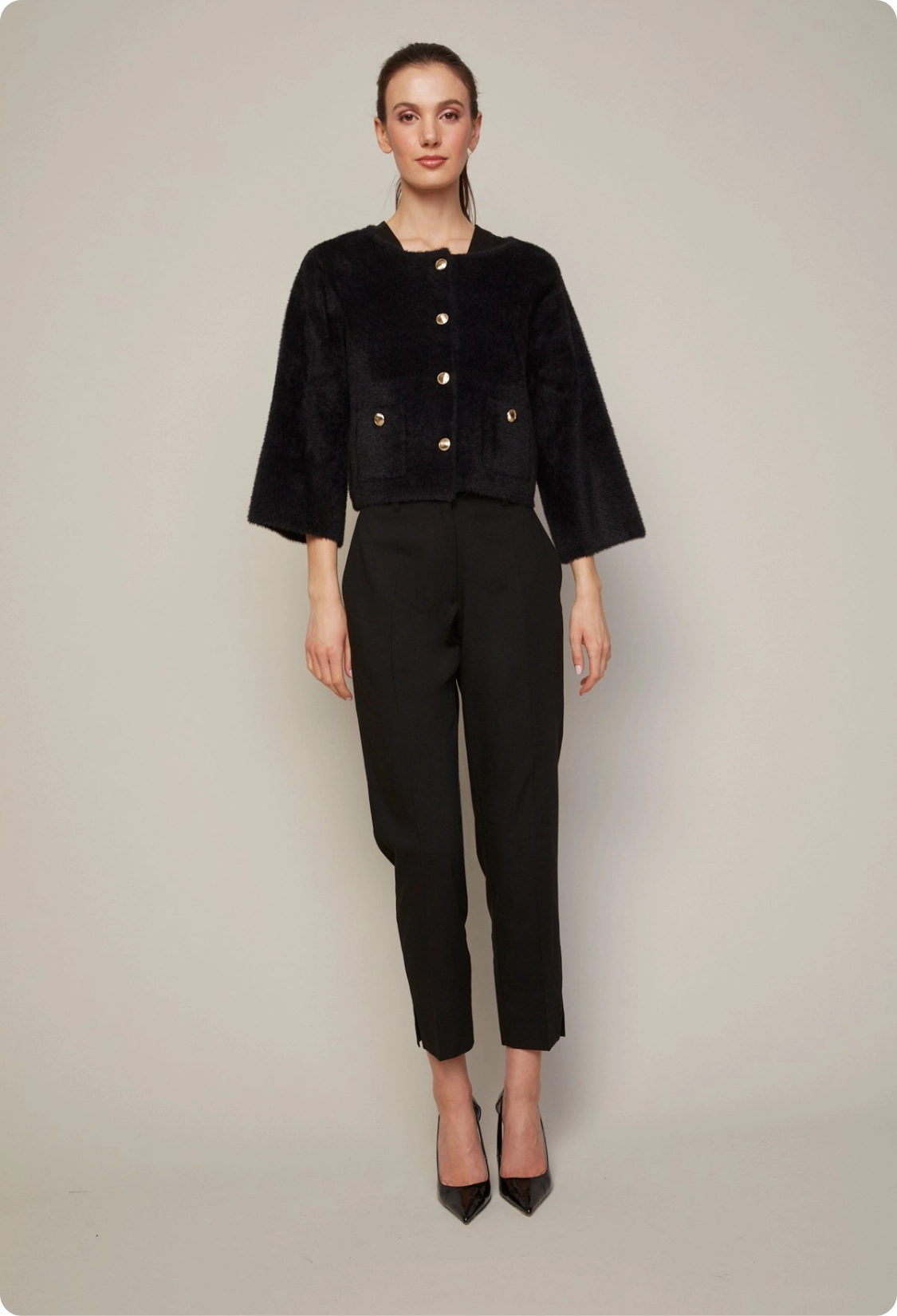 Bruce Slim Leg Ankle Pant With Slit in Ponte - Black Sleek Waist