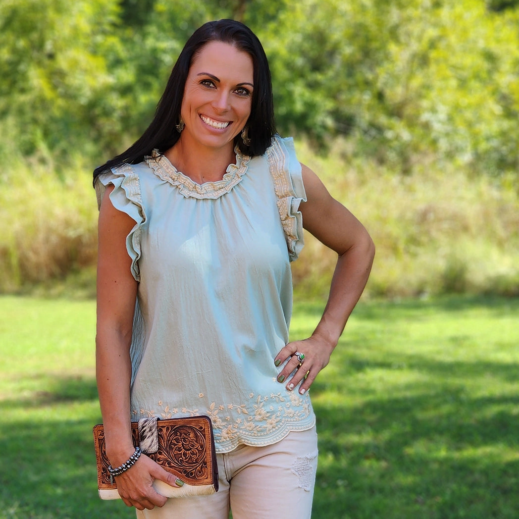 ReinforcedStitching HiddenPocket Andree Women's Sage Embroidered Top