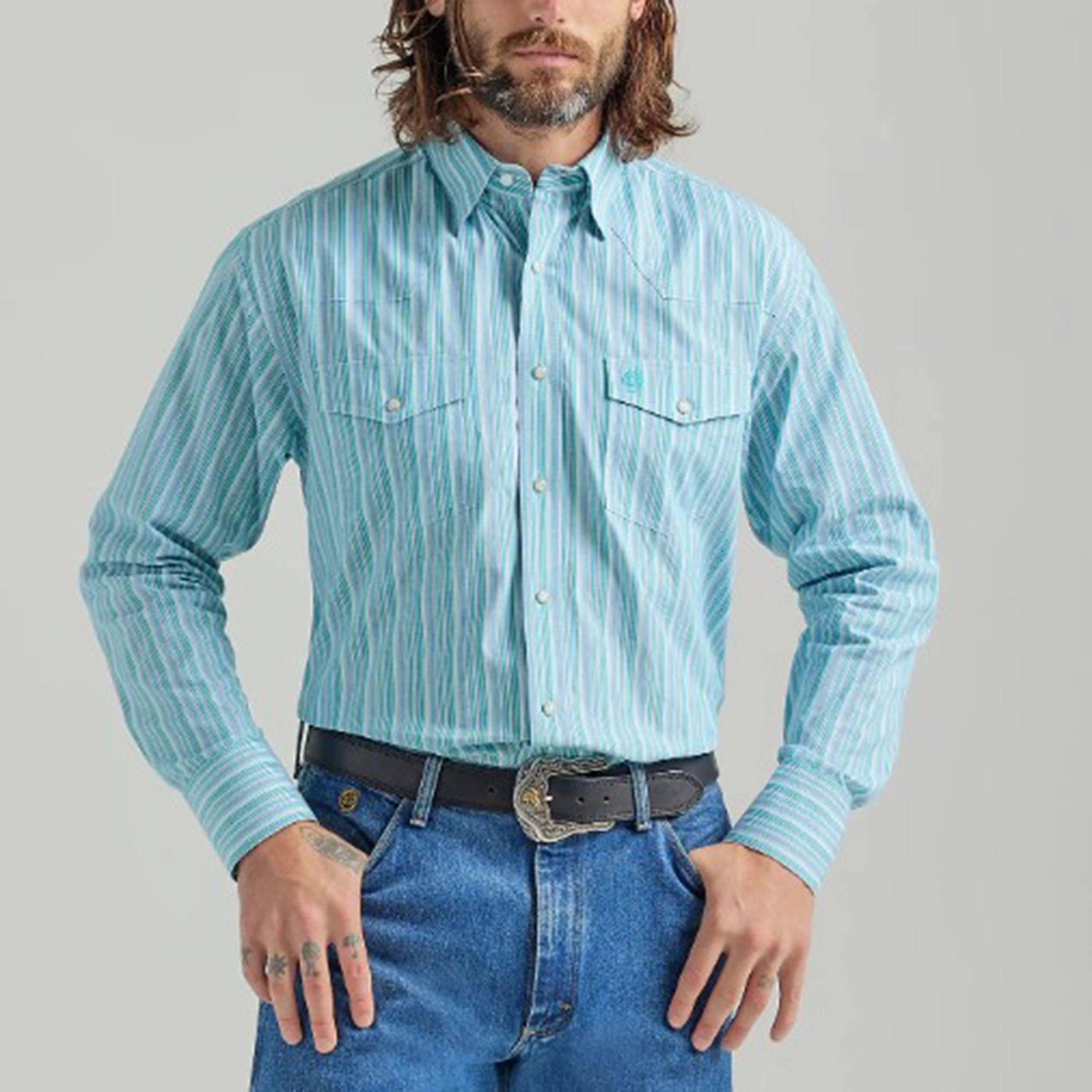 Wrangler Men's Teal Striped George Strait Shirt Date night Eco-Friendly Fabric