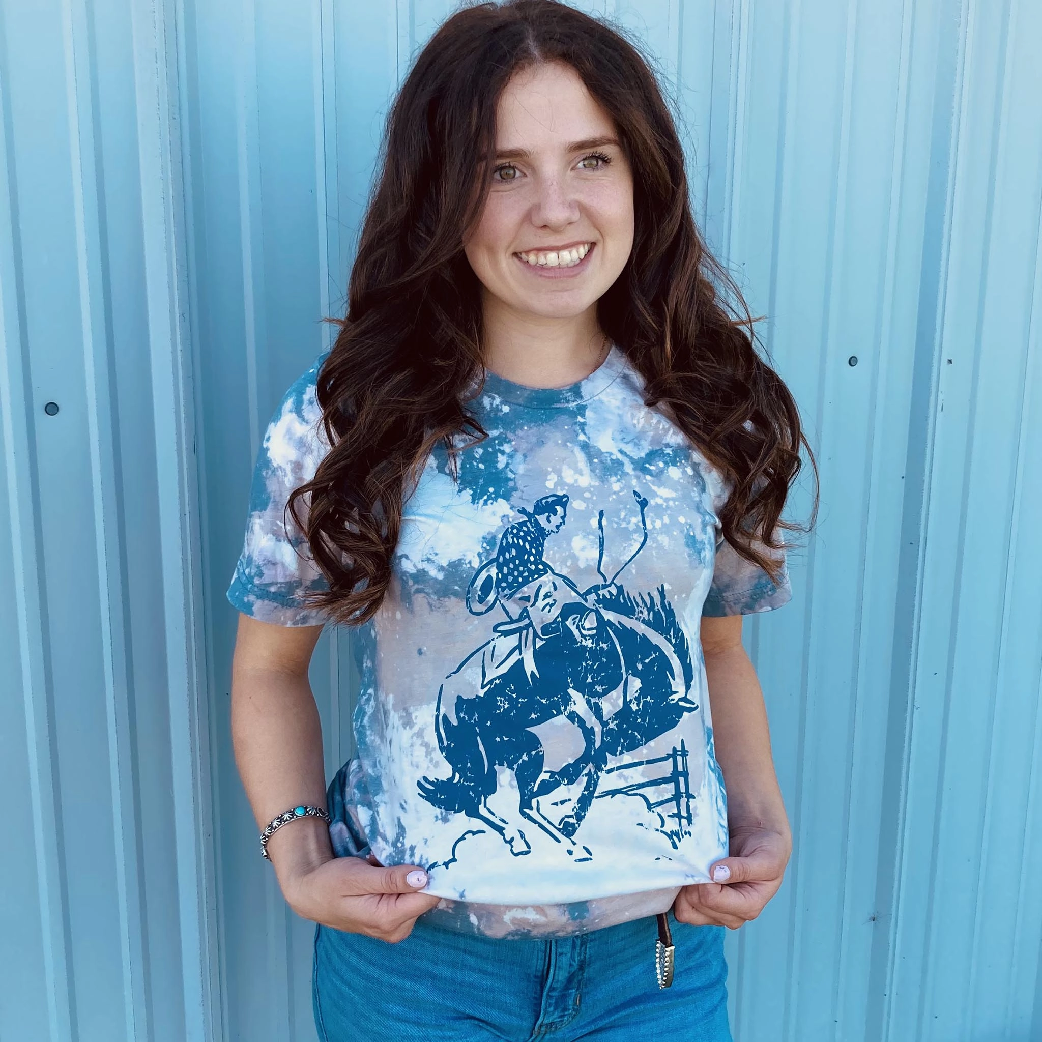 Bleach Blue Bucking Bronc Tee Bamboo Fiber Fabric Wool Sweater