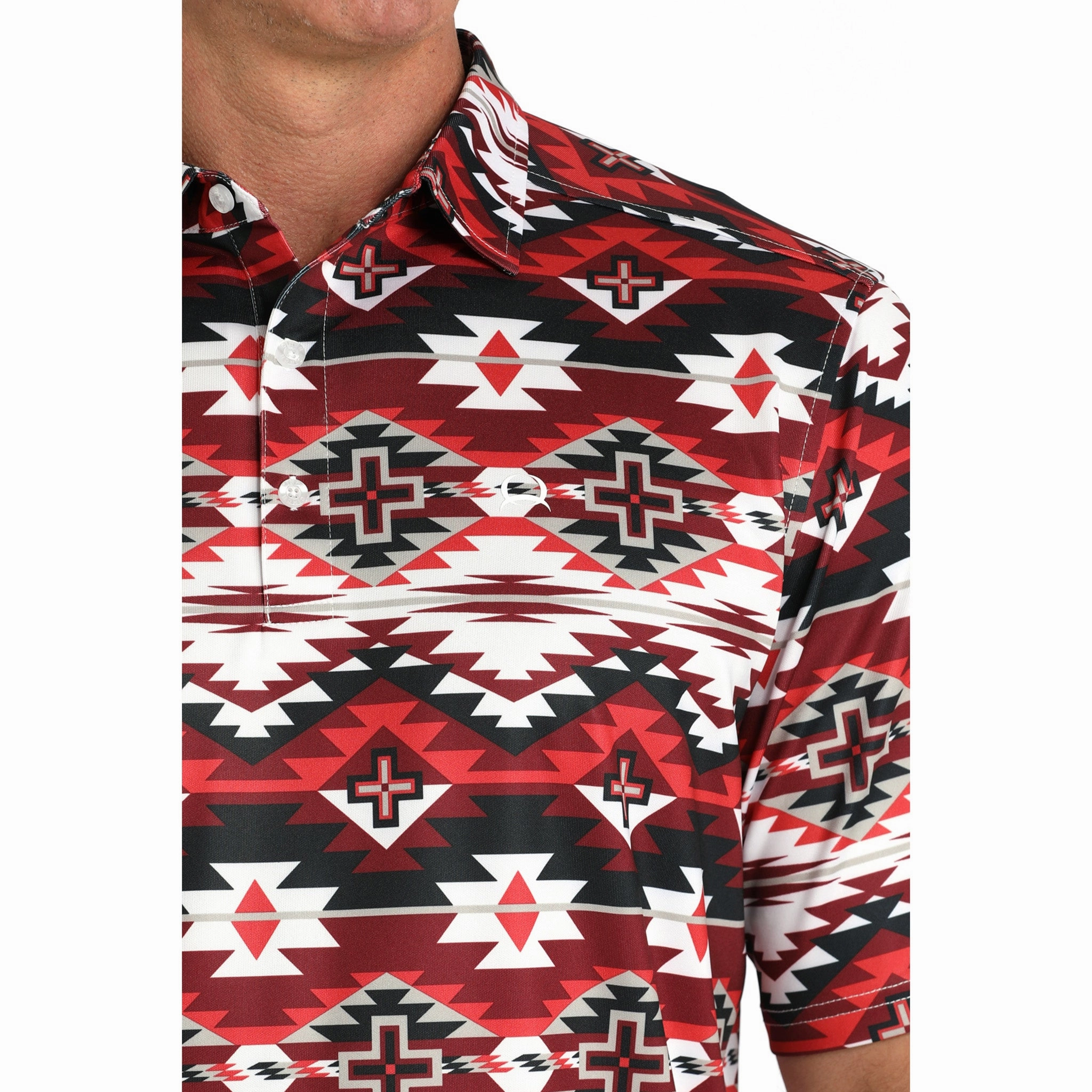 Classy Detail Geometric Pattern Cinch Men's Arena Flex Red & Black Aztec Polo