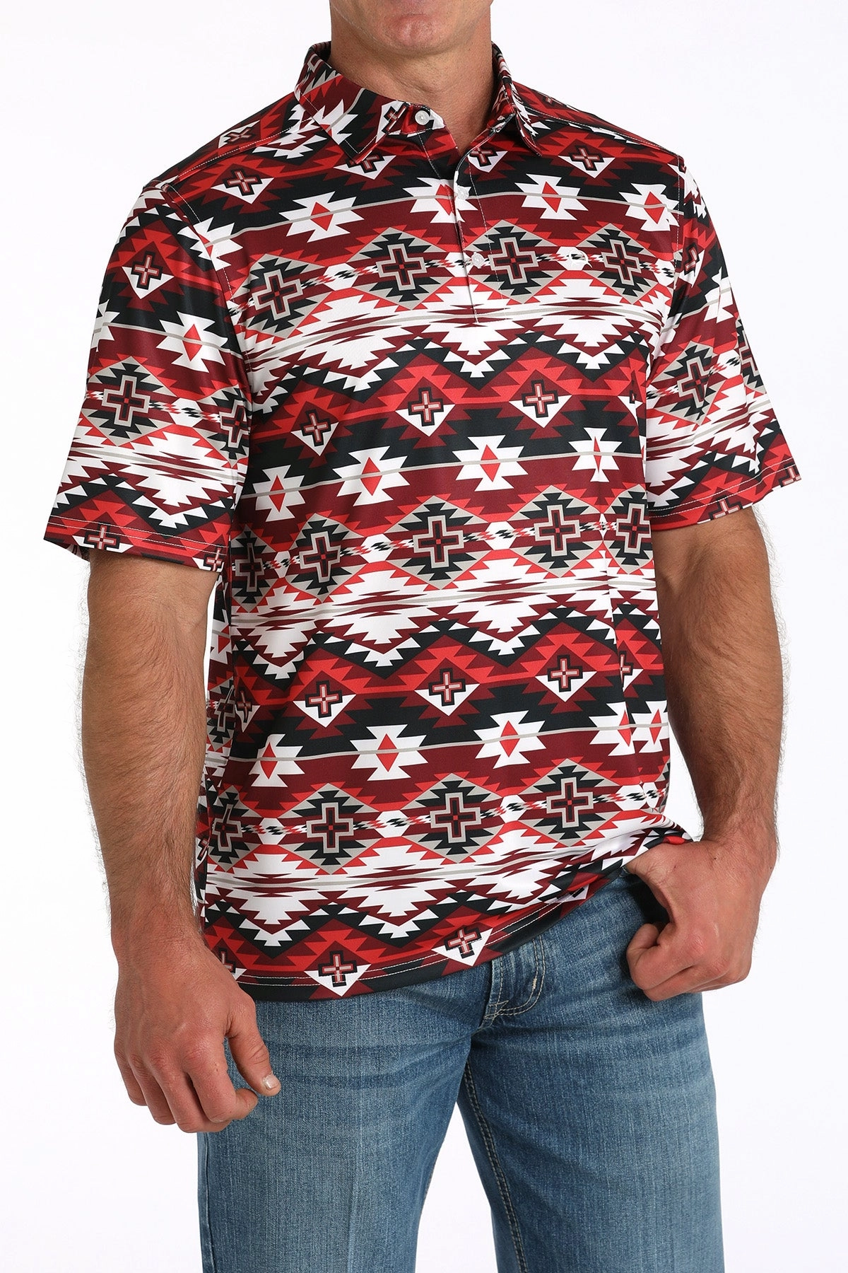 High Density Weave Embroidered Detail Cinch Men's Arena Flex Red & Black Aztec Polo