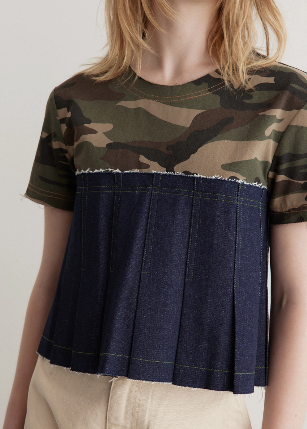 Anti Pilling Finish Camouflage Pleats Denim Top