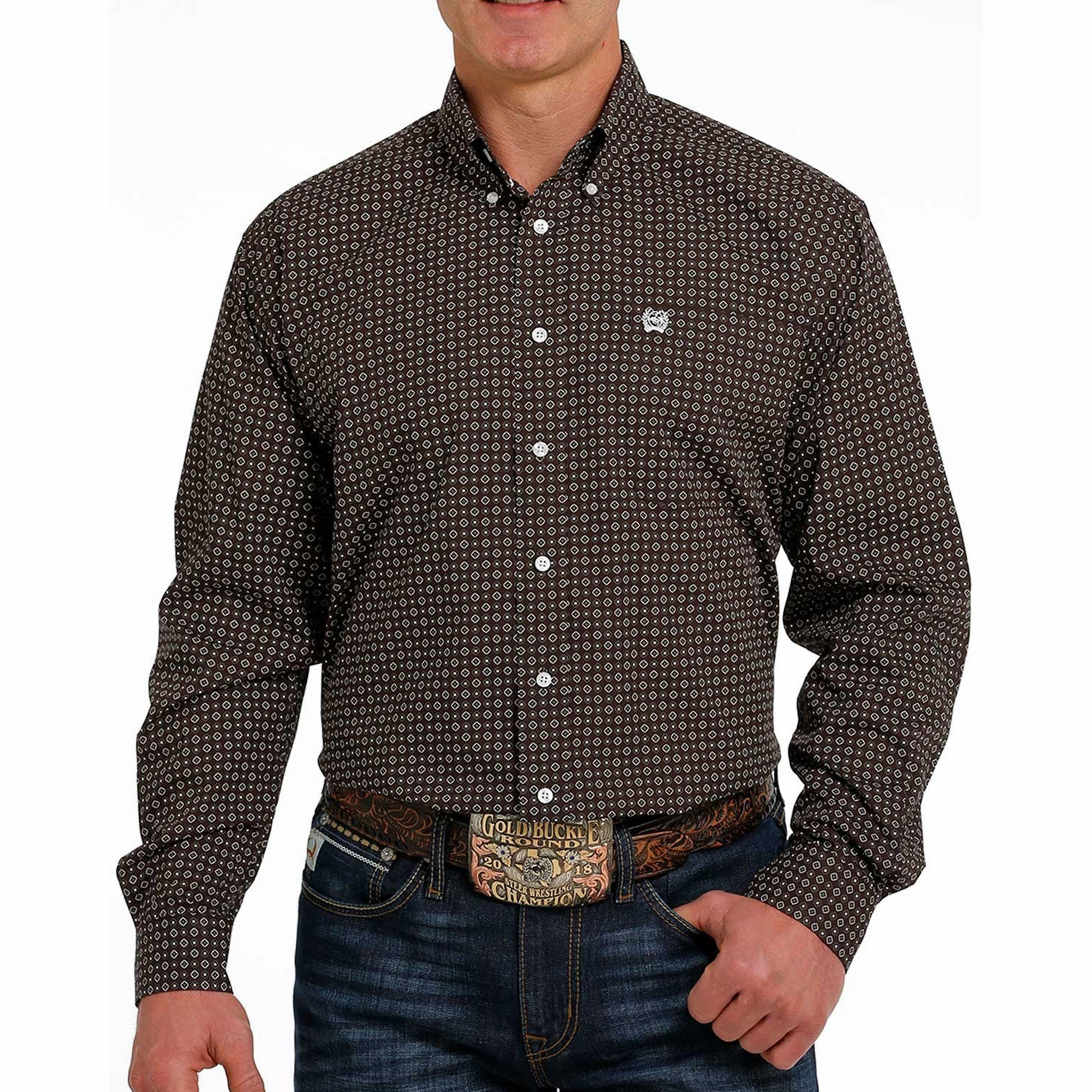 Cinch Men's Brown Geometric Shirt Wrinkle Resistant Finish