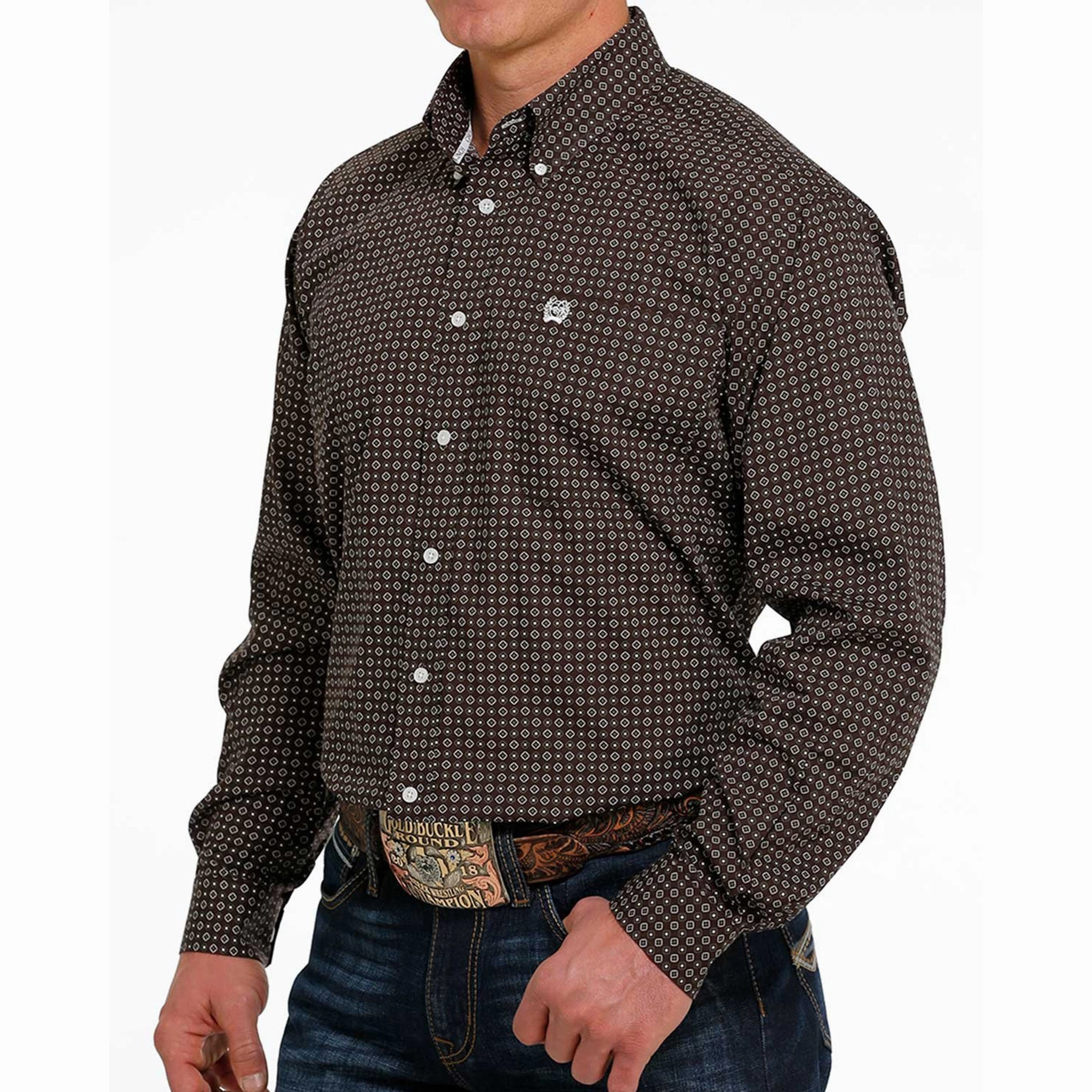 Lace Accent Cinch Men's Brown Geometric Shirt
