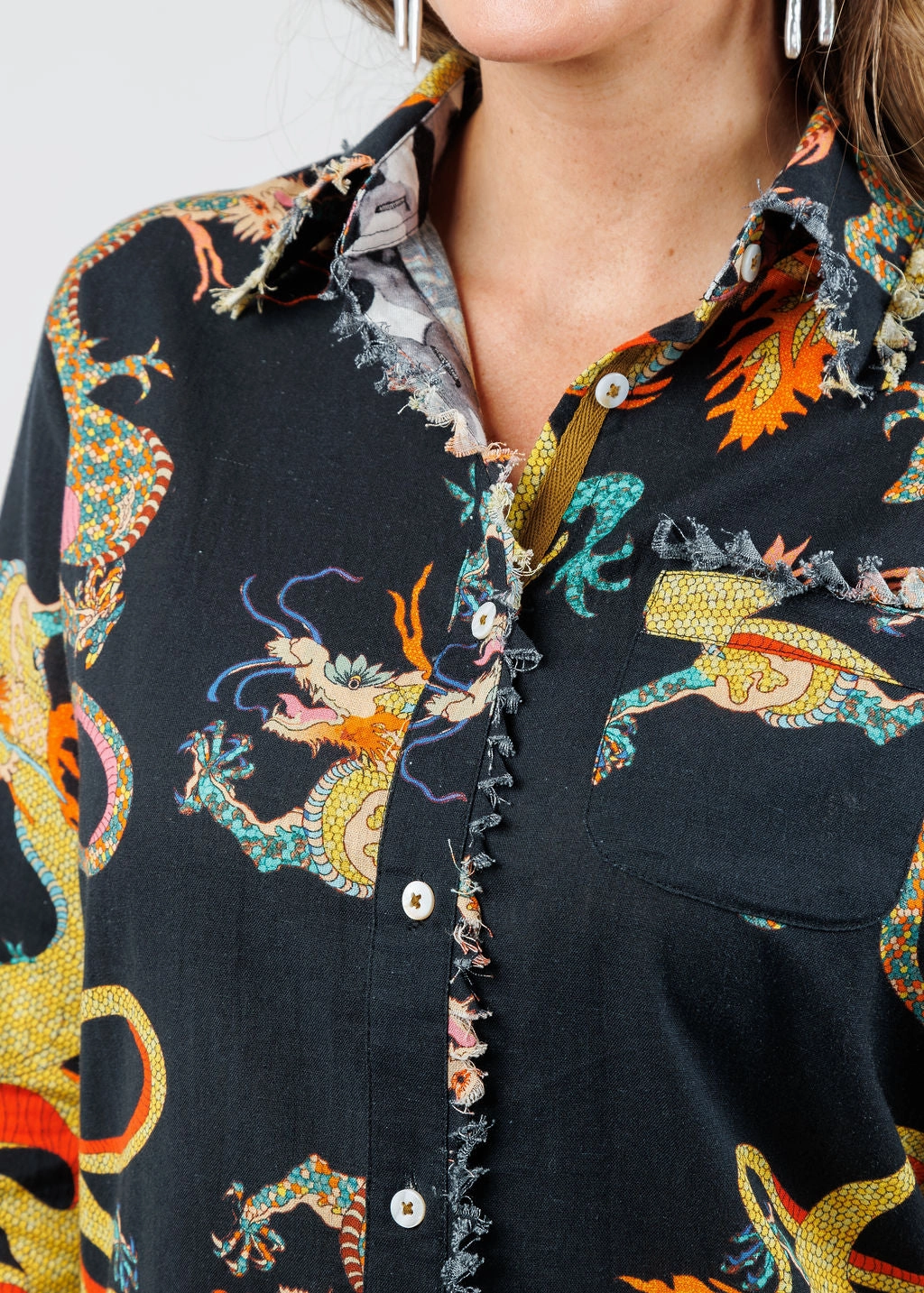 SoftKnit Casual Pullover Cape Cod Cotton/Linen Frayed Shirt - Black Dragon Diagonal Zipper Closure