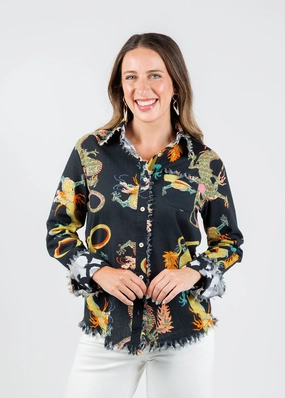 Cape Cod Cotton/Linen Frayed Shirt - Black Dragon Diagonal Zipper Closure Slim Fit Shirt Thermal Regulating Fabric