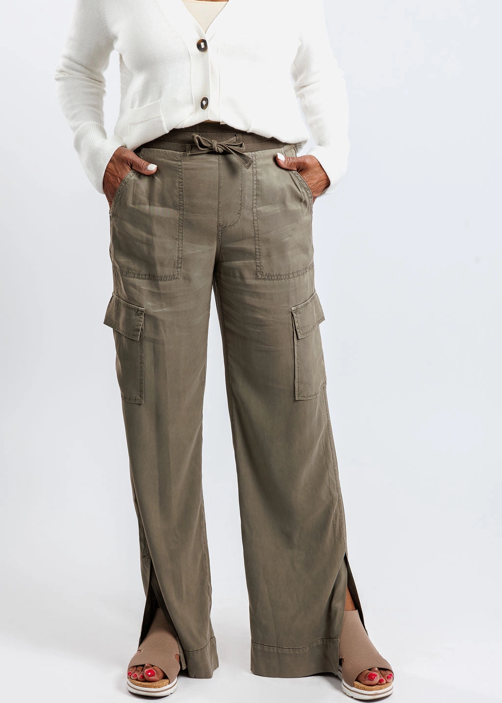 Cozy Stretch Caracas Stretch Cupro Wide Leg Cargo Pants - Oak