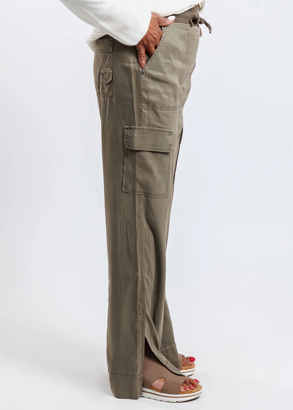 Caracas Stretch Cupro Wide Leg Cargo Pants - Oak Flattering Comfort Tight Cut