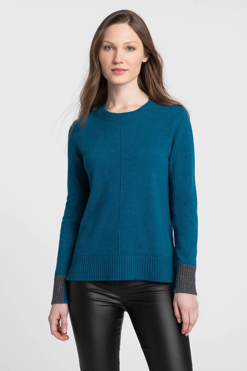 Elastic hem Cashmere Contrast Trim Crew Sweater