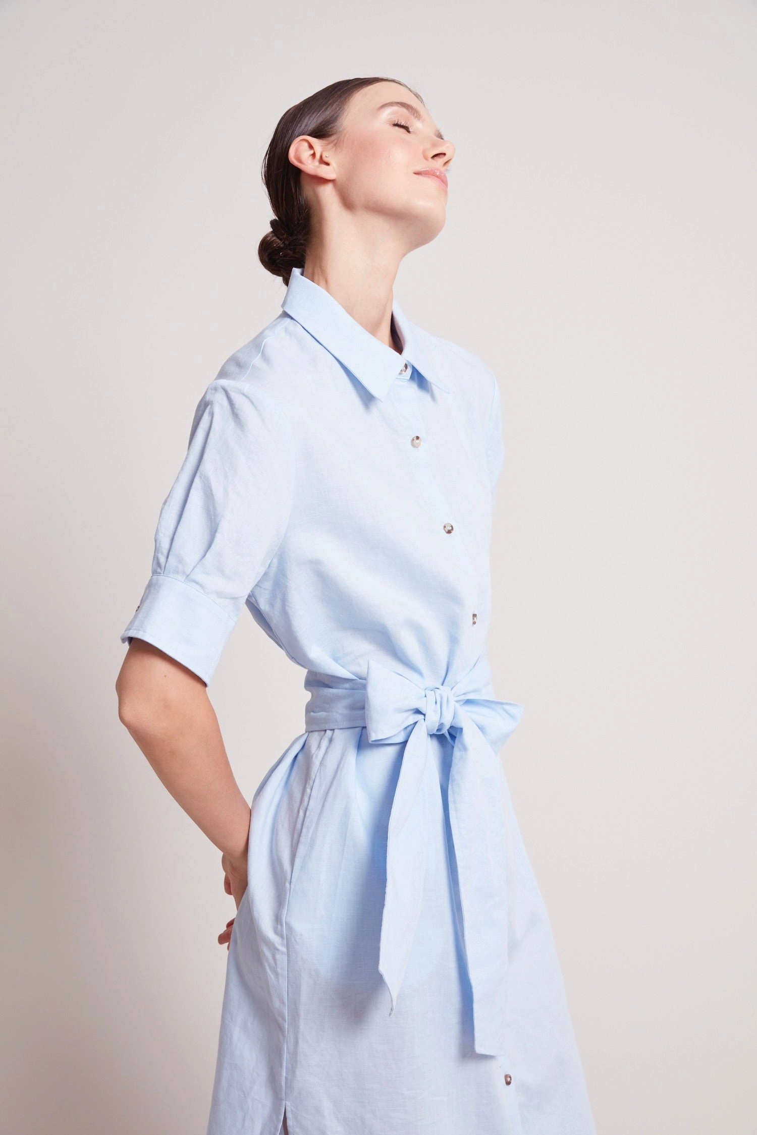 Bow-Detail Flattering Shape Design Randi Long Buttoned Shirt Dress - Skyway