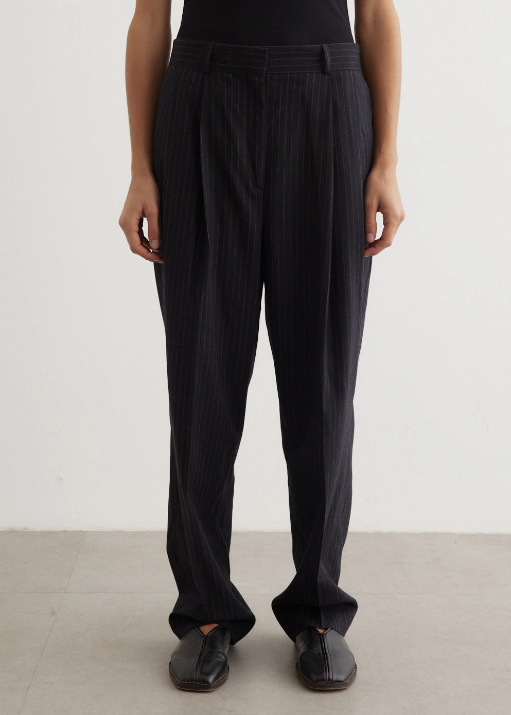 Double-Pleated Tailored Pinstripe Trousers Compression Fit Stretchable Fit