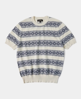 Fit Design Diamond Pattern Jacquard Crew Neck T-Shirt - Blue/White