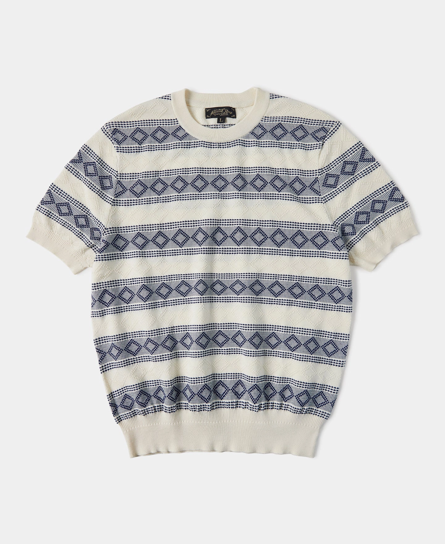 Fit Design Diamond Pattern Jacquard Crew Neck T-Shirt - Blue/White